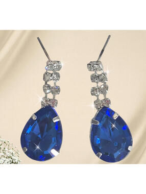 Blue Stone Rhinestone Earrings Silver Tone 1.25” Dangle Drop Lightweight Jewelry